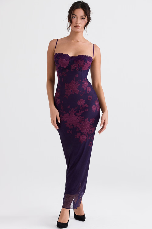 Maxikleid in Bodycon-Schnitt aus transparentem Floralem Mesh in Lila