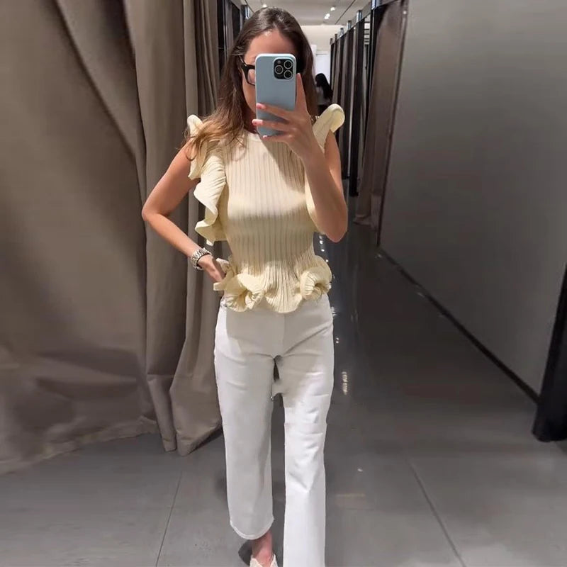 Ärmellose Bluse mit Volant-Saum, eng anliegend, einfarbig für Damen