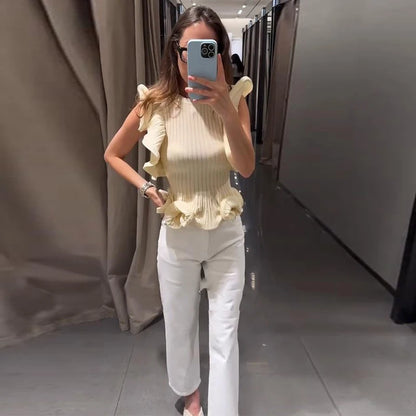 Ärmellose Bluse mit Volant-Saum, eng anliegend, einfarbig für Damen