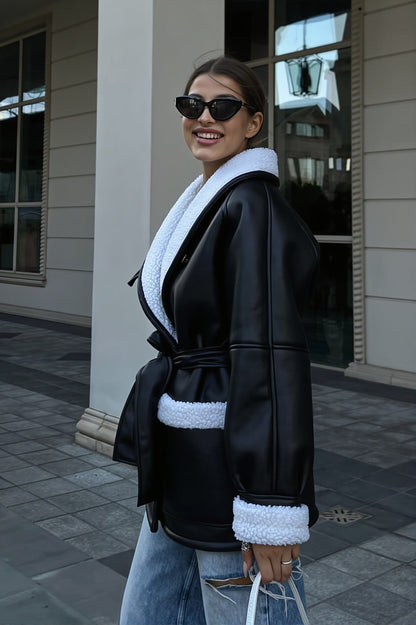 Damen Longline Mantel Aus Kunstleder Mit Bindegürtel