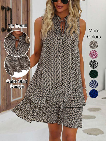Damen Midikleid mit geometrischem Muster und Schleife in Vorderansicht