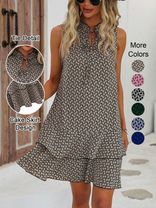Damen Midikleid mit geometrischem Muster und Schleife in Vorderansicht