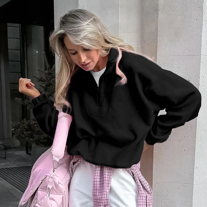 Damen-Fleece-Sweatshirt mit Reißverschluss, Stehkragen, lockerem Schnitt