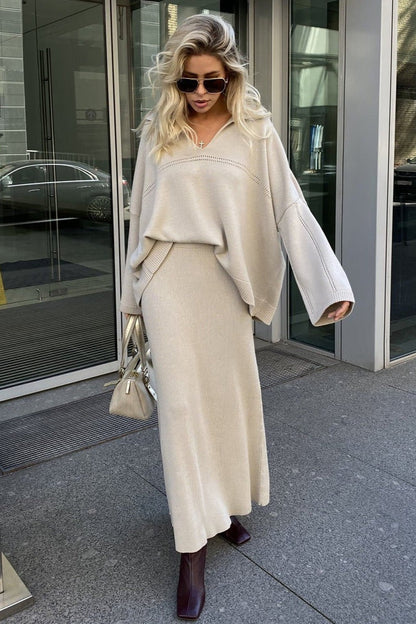 Damen Strickset Mit V Ausschnitt Und Midirock