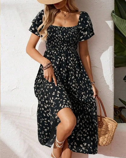 Damen Midikleid A Linie Mit Print Und Volantärmeln