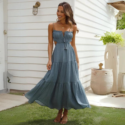 Chiffon-Baumwollmischung verstellbares Träger-Midikleid