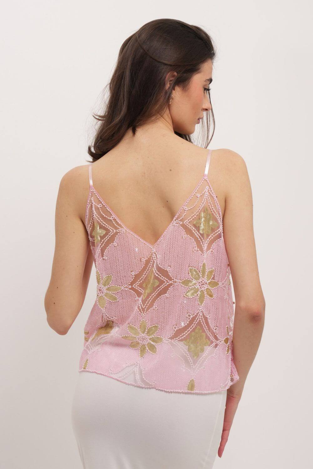 Bestickte Perlen-Tüll-Bluse mit V-Ausschnitt