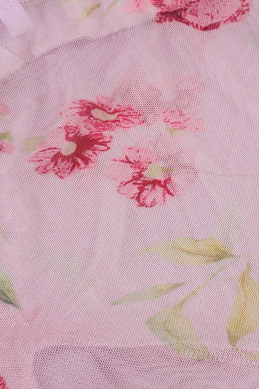 Luftiges Damenoberteil aus Mesh mit Rüschen und Blumenprint