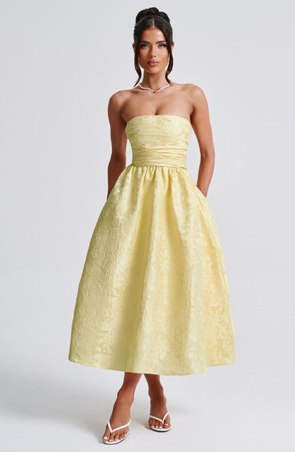Floral Jacquard Trägerloses Midi-Kleid Zitrone