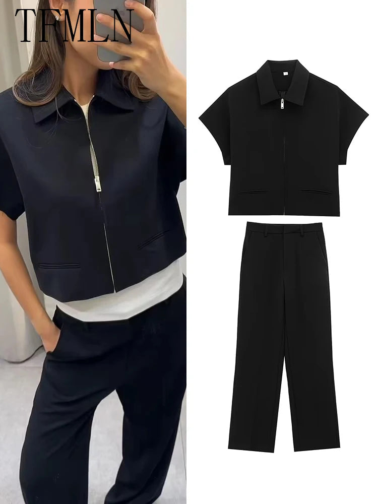 Damen Slim Revers Reißverschluss Kurzarm Mantel Set Schwarz