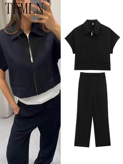 Damen Slim Revers Reißverschluss Kurzarm Mantel Set Schwarz