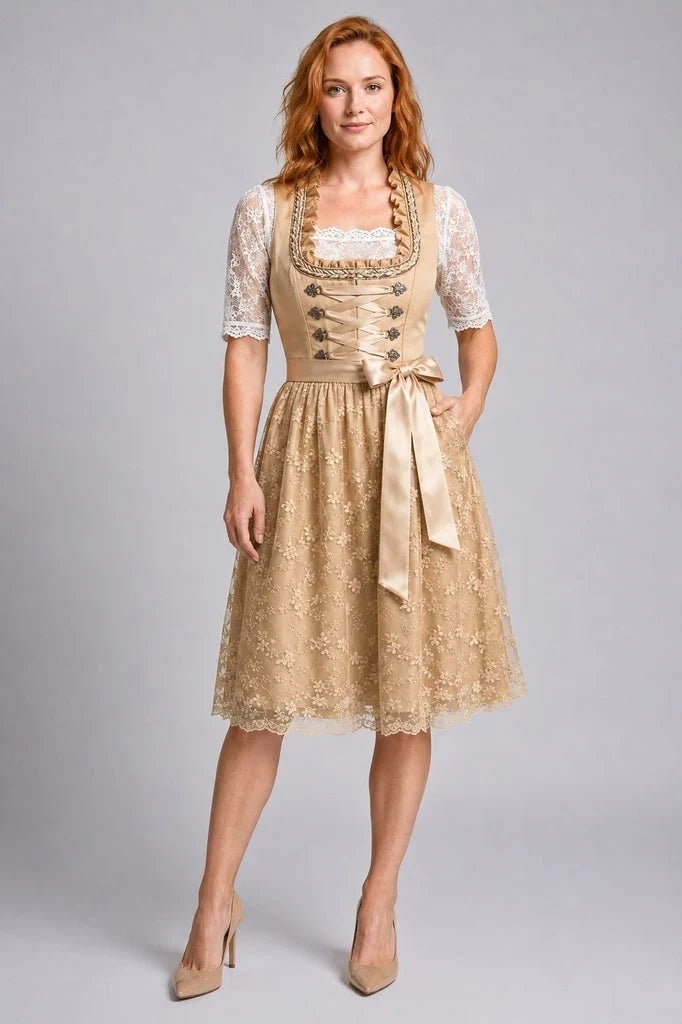 Knielanges Damen-Dirndlkleid mit Schnürmieder und eleganter Spitzenbluse