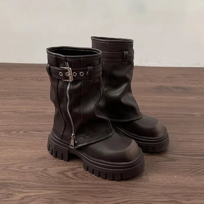 Women's Biker Boots Platform Flat Buckle Ankle Boots