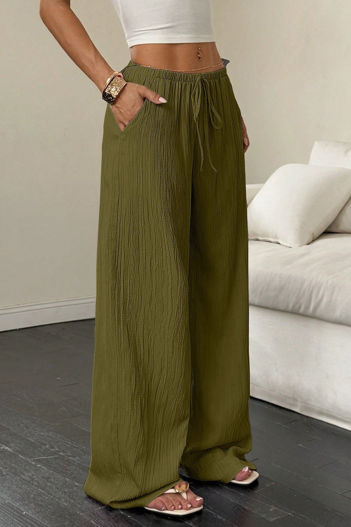 Damen Weite Hose Mit Struktur Und Knotendetail