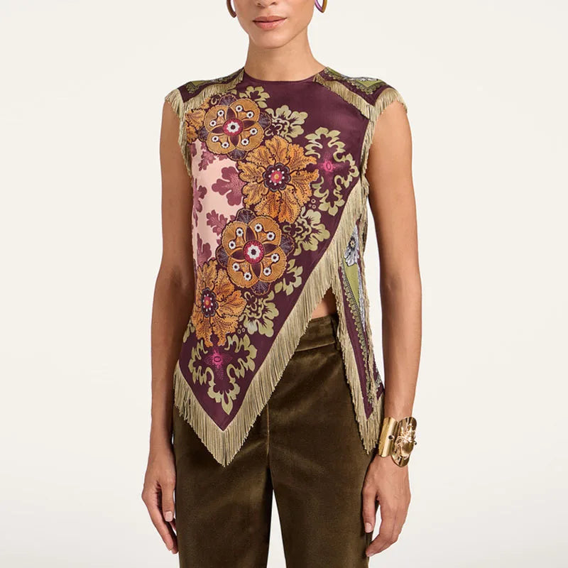 Damen Satin-Ärmellose Bluse mit Blumenmuster und Fransenbesatz in Rotweinfarben