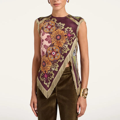 Damen Satin-Ärmellose Bluse mit Blumenmuster und Fransenbesatz in Rotweinfarben