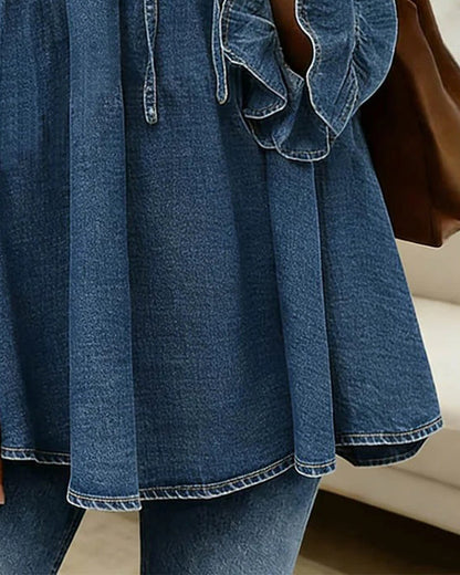 Bluse mit Rüschendetail im Denim-Look Blau
