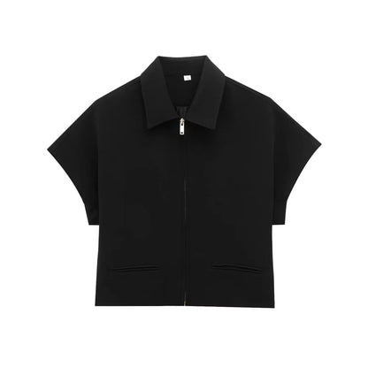 Damen Slim Revers Reißverschluss Kurzarm Mantel Set Schwarz