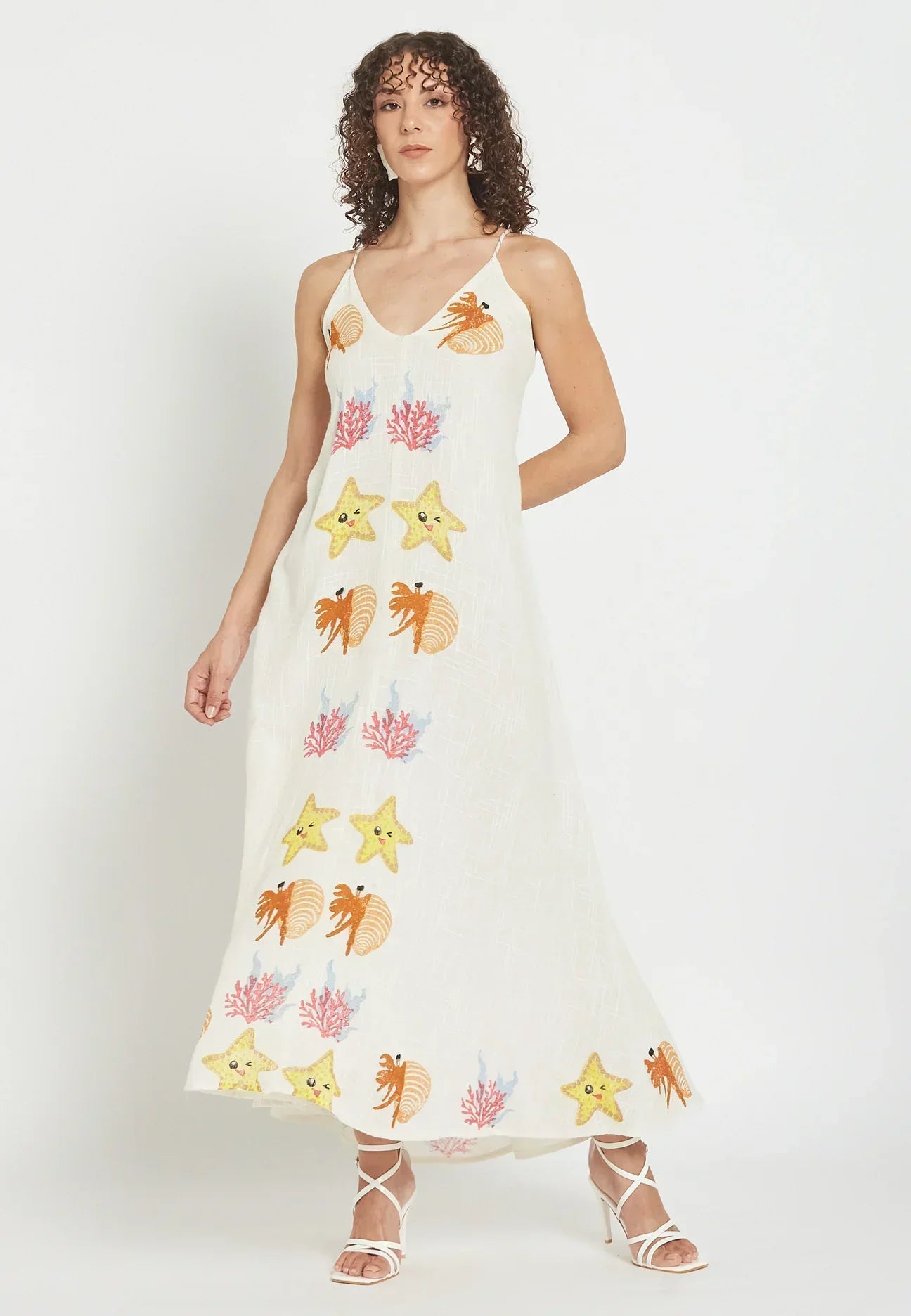 Damen Sommer-Maxikleid mit Meeresstickerei in voller Länge aus leichter, fließender Qualität