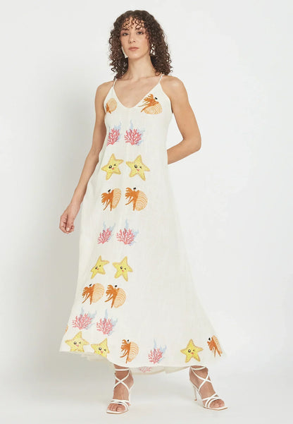 Damen Sommer-Maxikleid mit Meeresstickerei in voller Länge aus leichter, fließender Qualität