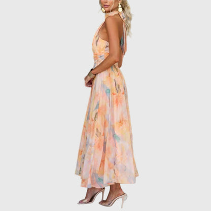 Sommerliches Damen-Maxikleid mit Wasserfarben-Print in voller Länge