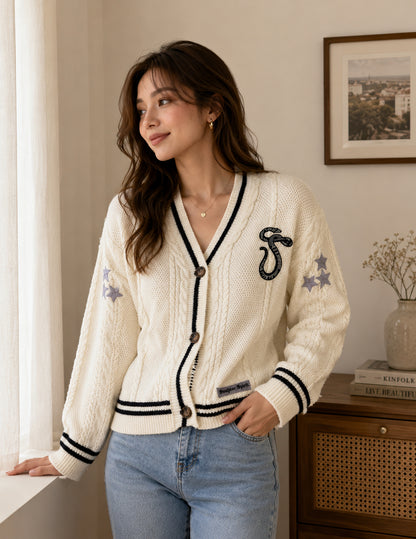 Damen Zopfstrick College Cardigan Mit V Ausschnitt