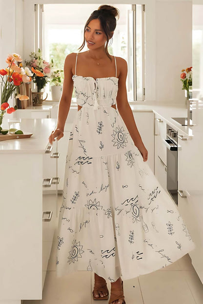 Bedrucktes Midi-Kleid aus Polyester mit Spaghettiträgern in Weiß