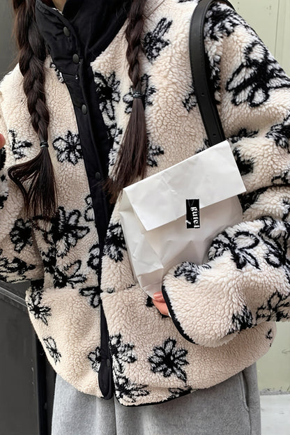 Damenjacke aus weichem Sherpa-Fleece mit Blumenmuster, Vorderansicht