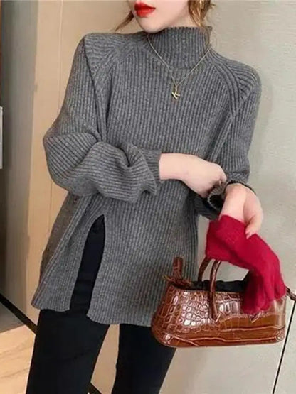 Damen Strickpullover mit Rollkragen und Knopfspalt-Detail