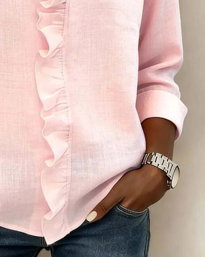 Bluse mit Rüschen und V-Ausschnitt, langärmlig