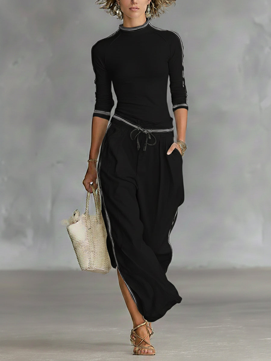 Gemütliches Stretch-Strickoberteil und Leinen-Baumwollhose Set