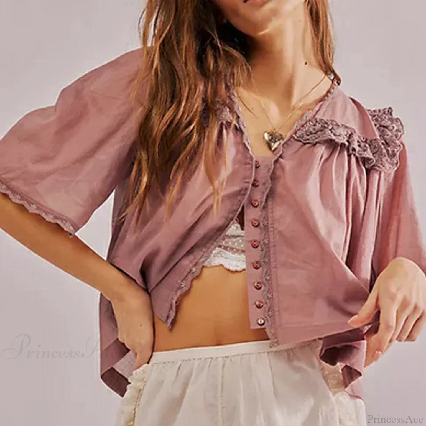 Women's Chiffon Ruffle Lace Trim Low Cut Blouse