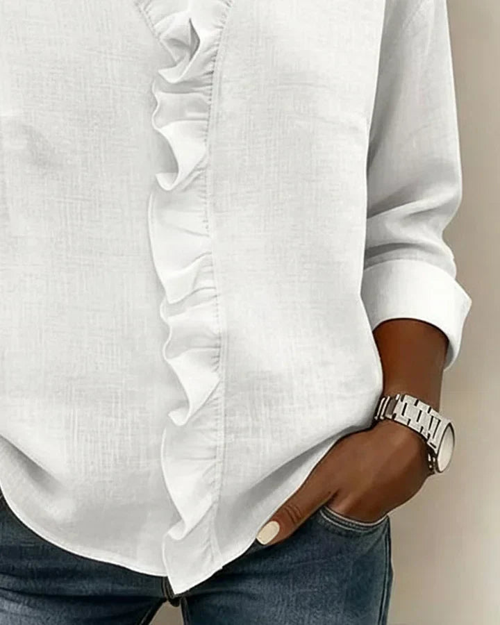 Bluse mit Rüschen und V-Ausschnitt, langärmlig