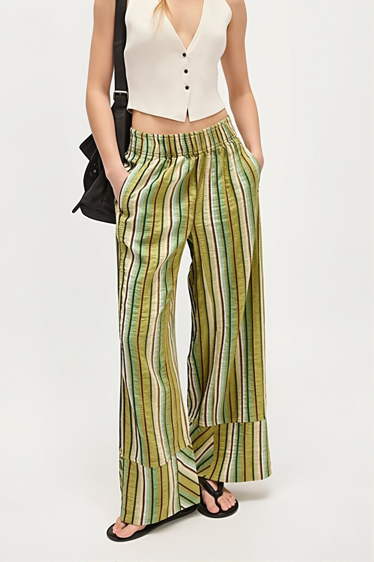 Damen High Waist Weite Hose Mit Streifen