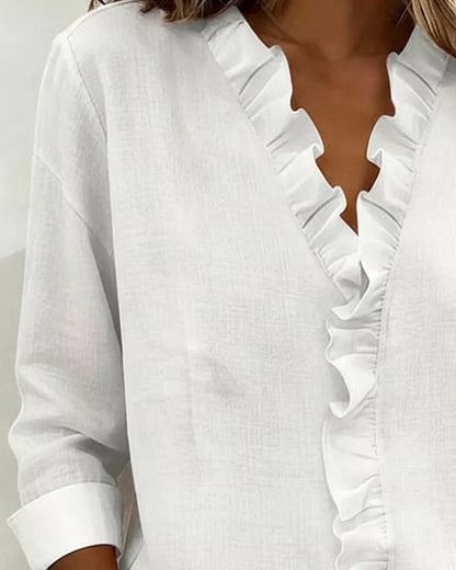 Bluse mit Rüschen und V-Ausschnitt, langärmlig