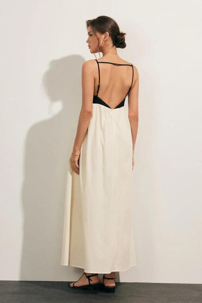Leinenmischung Lässiges Midi-Kleid Schwarz und Weiß