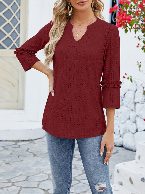Damen T Shirt Jacquard Mit V Ausschnitt Und 3 4 Ärmeln