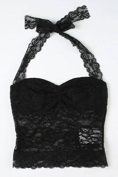 Spitzen-Rüschentop mit schmaler Passform und Neckholder in Schwarz