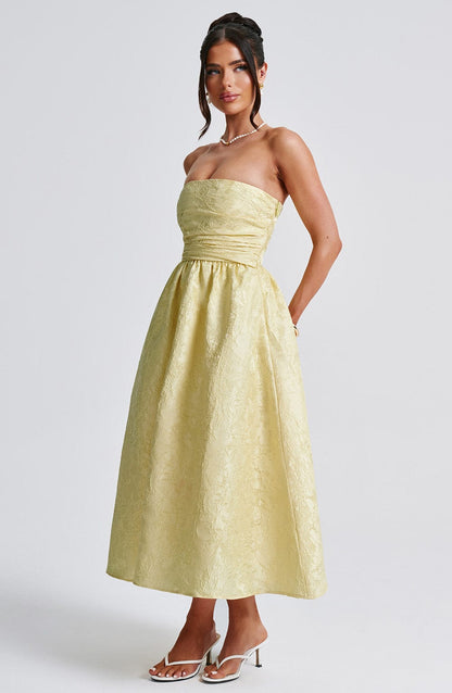 Floral Jacquard Trägerloses Midi-Kleid Zitrone