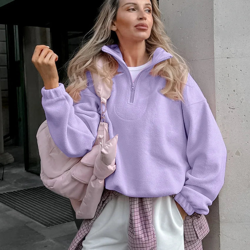 Damen-Fleece-Sweatshirt mit Reißverschluss, Stehkragen, lockerem Schnitt