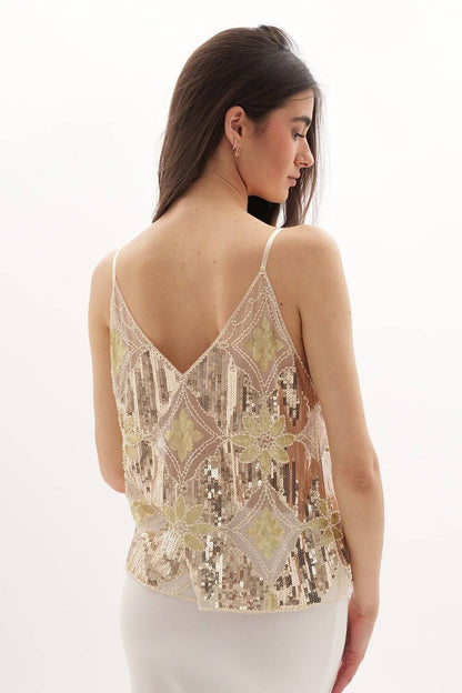 Bestickte Perlen-Tüll-Bluse mit V-Ausschnitt