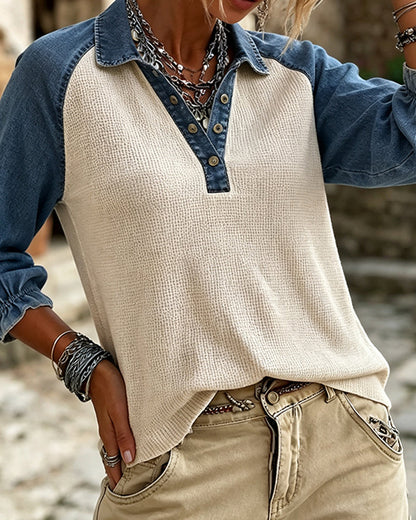 Casual Damenbluse mit Denim-Kontrast und strukturierter Oberfläche