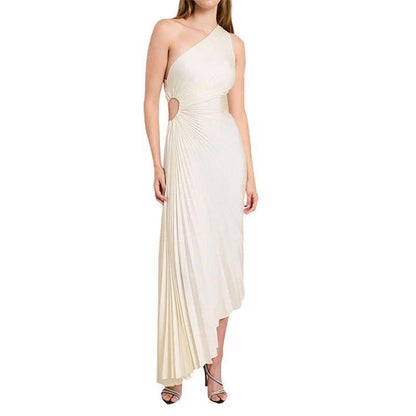 Ein-Schulter Faltenrock Poly Georgette Midi Kleid