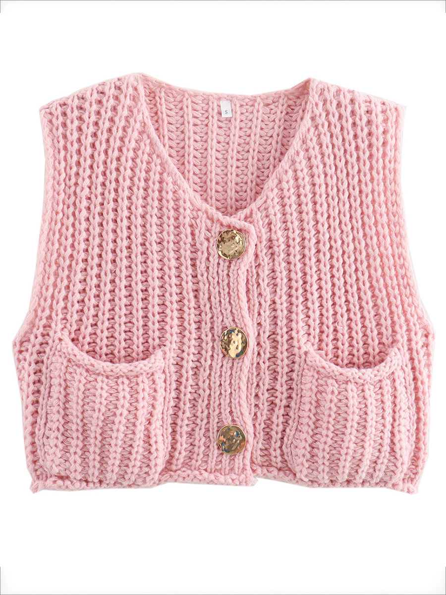 Damen Strickweste Ärmellos Mit Knopfleiste Und Taschen