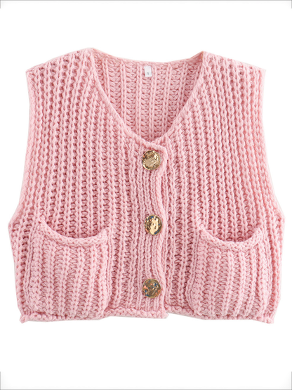 Damen Strickweste Ärmellos Mit Knopfleiste Und Taschen