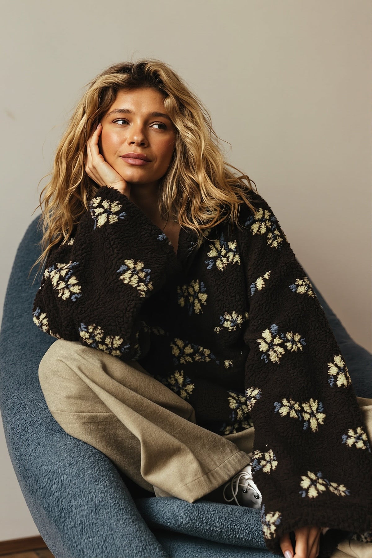 Sherpa-Fleece-Jacke mit hochgeschlossenem Kragen und halbem Reißverschluss