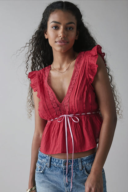 Damen Rüschenbluse Mit Spitze Und Schleife
