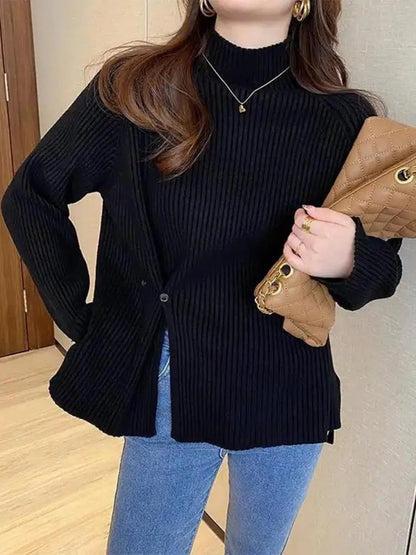 Damen Strickpullover mit Rollkragen und Knopfspalt-Detail
