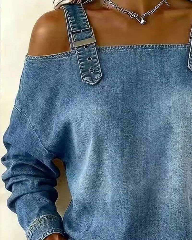 Jeansbluse für Damen in Regular Fit mit offenen Schultern und Spaghettiträgern