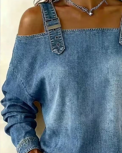 Jeansbluse für Damen in Regular Fit mit offenen Schultern und Spaghettiträgern